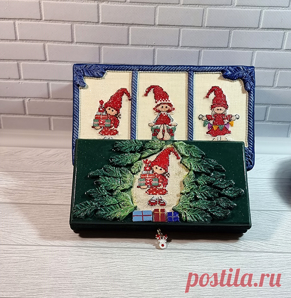 Переделка двух коробочек в подарочные коробочки с конфетами. Вышитые гномочки. Декор зефирной глиной.