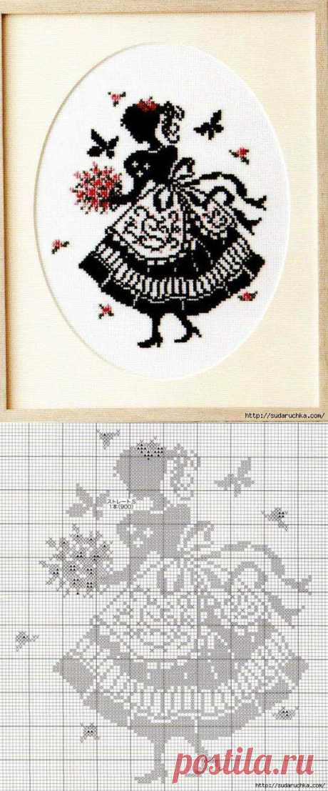 Монохромная вышивка - Девушка. Схема для вышивки.