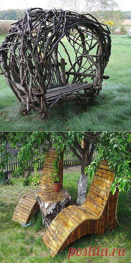 Садовая мебель из дерева, веток, пеньков и коряг