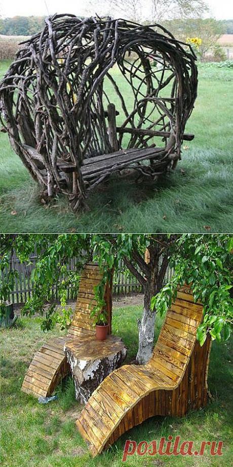 Садовая мебель из дерева, веток, пеньков и коряг
