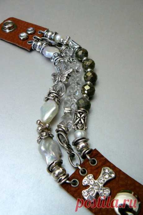 Three Strand Biker Bracelet with Freshwater Pearls, Pyrite, Quartz, and Brown Leather, and Rhinestones