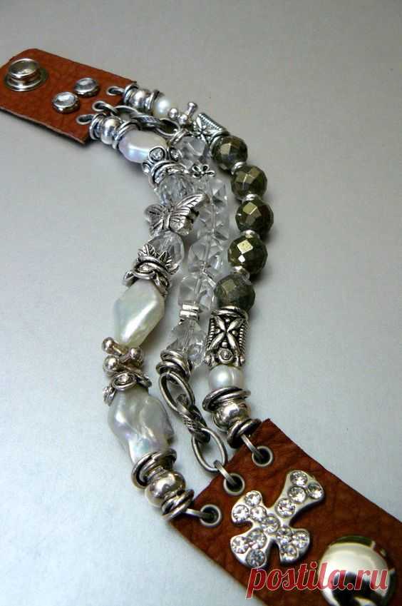 Three Strand Biker Bracelet with Freshwater Pearls, Pyrite, Quartz, and Brown Leather, and Rhinestones