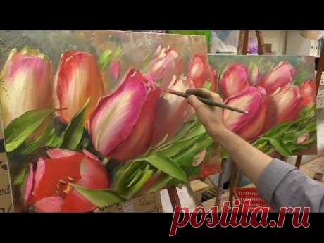 Весеннее тюльпаны. Мастер-класс. Tulips. Master class by Oleg Buyko on two canvases.