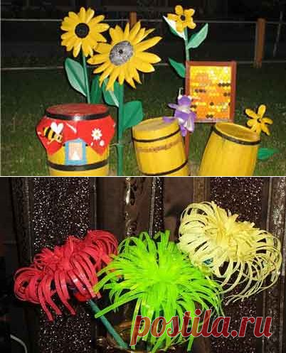 Цветы из пластиковых бутылок для клумбы: подсолнухи и хризантемы