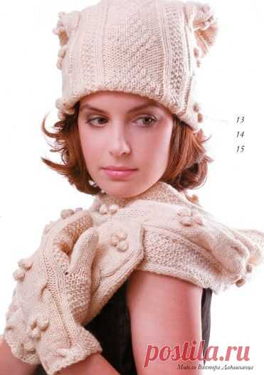 Шапка, варежки и шарф спицами