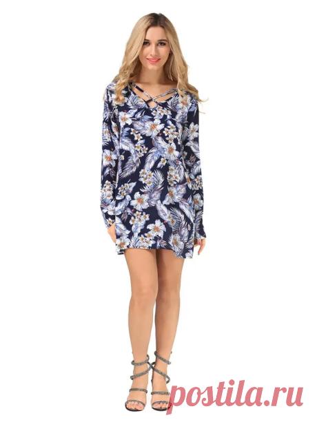 Women Long Sleeve Printed V-neck Mini Dresses - US$14.99