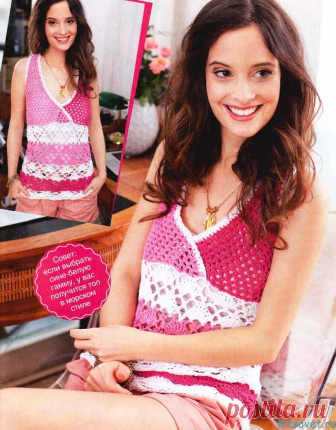 Ажурный топ крючком схема - Хитсовет Ажурный топ крючком схема. Великолепный веерный узор, исполненный в оттенках розового с белым, прекрасно продемонстрирован в этом лёгком топе. Наложенные друг на друга детали переда создают актуальный эффект запаха, а изящный вырез подчёркивает линию декольте.