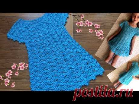 Платье крючком на девочку "Голубая лагуна".Росток,круглая кокетка.Часть 2.