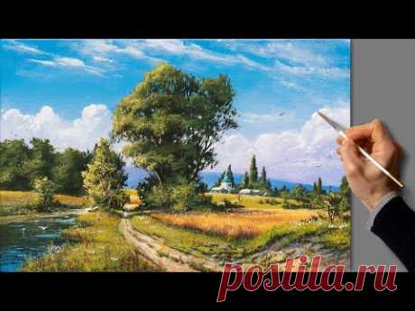 Живопись акрилом - летний пейзаж. Уроки рисования. Искусство. Красивая картина. Хобби