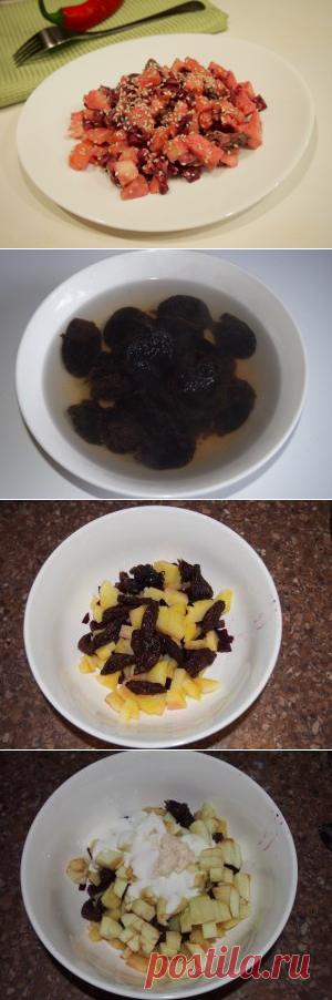 Картофельный салат со свеклой, хреном и черносливом
Из-за наличия в салате картошки, рецепт к диетическим вряд ли отнесешь, но это, однозначно, полезнее чем салаты из смеси той же картошки и мяса или рыбы.