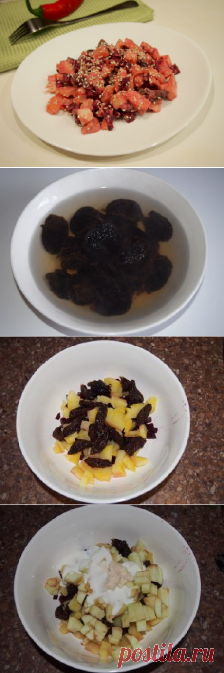 Картофельный салат со свеклой, хреном и черносливом
Из-за наличия в салате картошки, рецепт к диетическим вряд ли отнесешь, но это, однозначно, полезнее чем салаты из смеси той же картошки и мяса или рыбы.