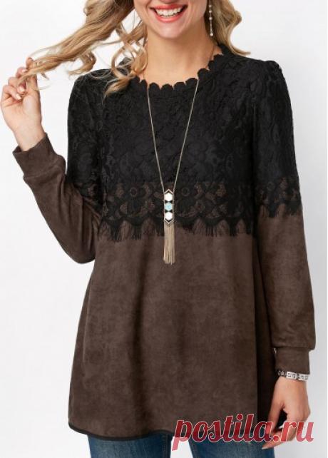 Long Sleeve Lace Panel Scalloped Neckline Blouse | liligal.com - USD $31.58