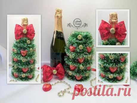 DIY🎄ЕЛКА ИЗ КОНФЕТ НА БУТЫЛКЕ ШАМПАНСКОГО🎄Съемная конструкция🎄Подарки на Новый год своими руками