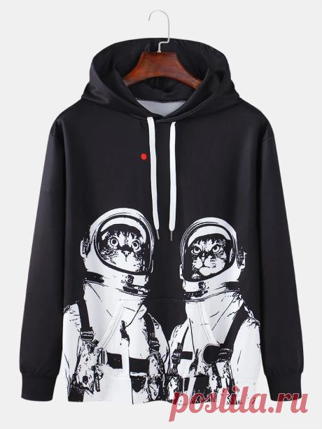 Mens 3D Funny Astronaut Stars Print Loose Kangaroo Pocket Drawstring Hoodies - US$29.99