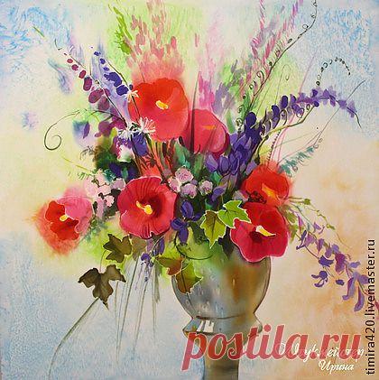 Батик панно "Полевые цветы в вазе" - цветы,полевые цветы,букет цветов