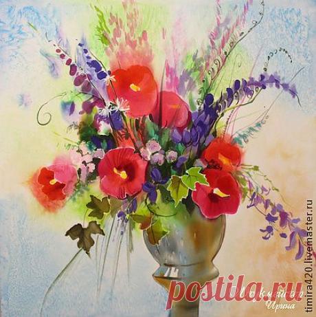 Батик панно "Полевые цветы в вазе" - цветы,полевые цветы,букет цветов