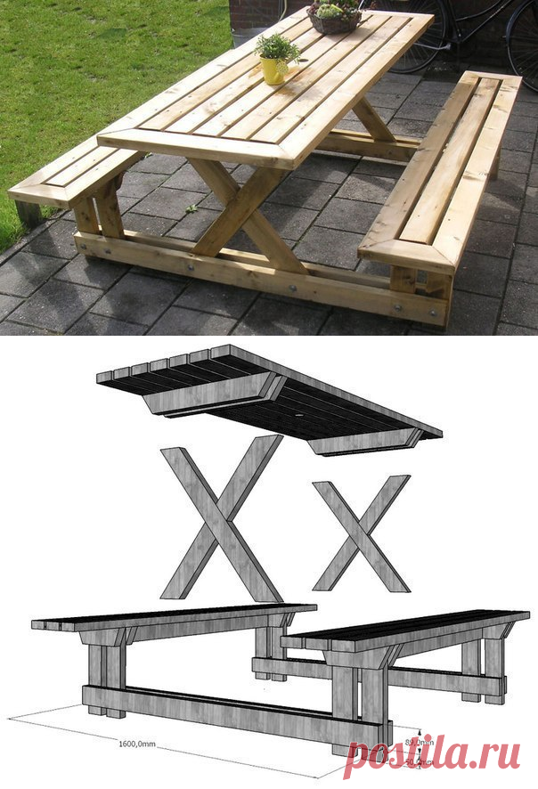 Простой деревянный стол со скамьями для дачи — Сделай сам