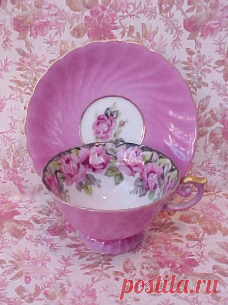 Beautiful Antique Hand Painted Teacup and Saucer with Pink Roses and Black…
