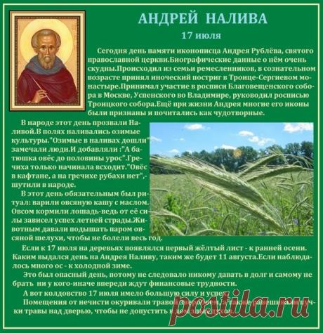 День Андрея Налива празднуется 17 июля. В старину крестьяне в этот день варили овсяную кашу и готовились к сбору урожая. Открытки на Андрей Налива!