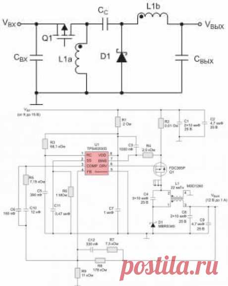 Сканти Рус: Texas Instruments.
Так же, как и преобразователи DC/DC с топологией SEPIC, преобразователи с топологией ZETA обеспечивают положительное выходное напряжение при входном напряжении, изменяющемся как выше, так и ниже входного. Преобразователь ZETA также требует двух индуктивностей и последовательного конденсатора, иногда называемого