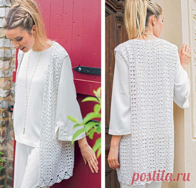 Ажурный жилет, вязанный крючком, станет отличным дополнением к различным ансамблям.