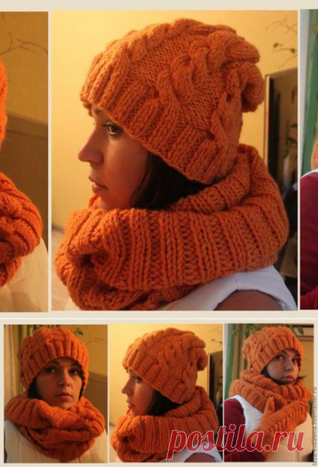 Купить Комплект &quot;Оранжевый&quot; - рыжий, орнамент, варежки, шапка, снуд, комплект, оранжевый комплект