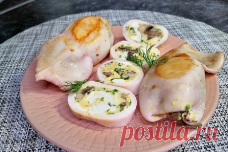 Фаршированные кальмары с сыром и грибами – рецепт с фото