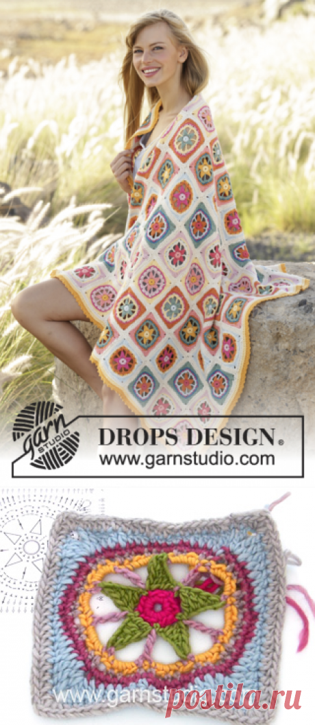 Starstruck - Gehäkelte DROPS Decke in ”Safran” mit buntem Seesternmuster. - Free pattern by DROPS Design