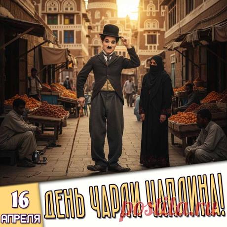 "Шляпа, трость, смешной ботинок —
День Chaplin'а отмечаем,
Ярких вам, друзья, картинок,
Счастья, радости желаем! Открытки на День Чарли Чаплина!"