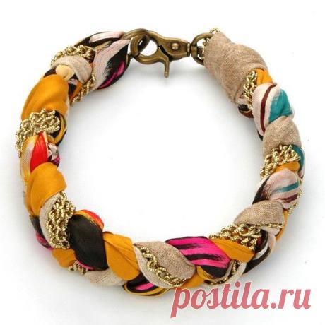 (37) Textile bracelet - braid some of great-grandma's fabric scraps with some of grandpa's necklace chains. I've done the T-shirt braid, now this is a g…