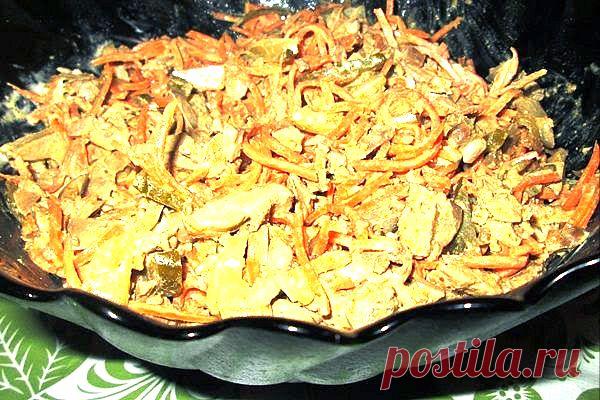 Кулинарные Рецепты: Потрясающе вкусный салатик из куриной печени, маринованных грибочков и корейской морковки!
