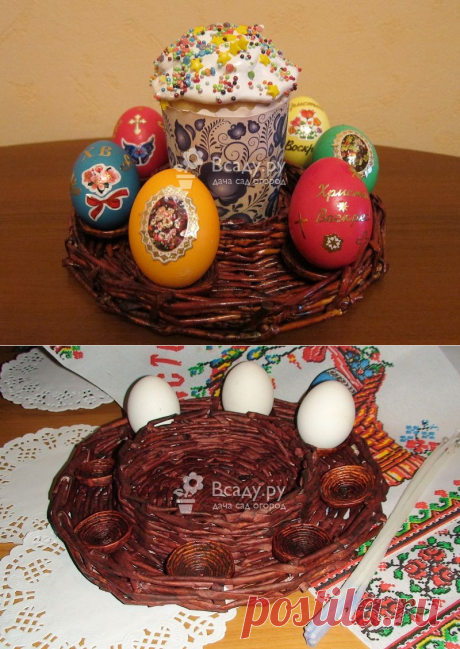 Пасхальная плетеная корзинка из газеты для кулича и крашеных яиц