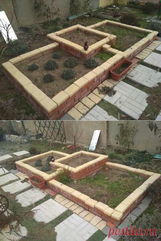 Клумба из остатков кирпича и плитки