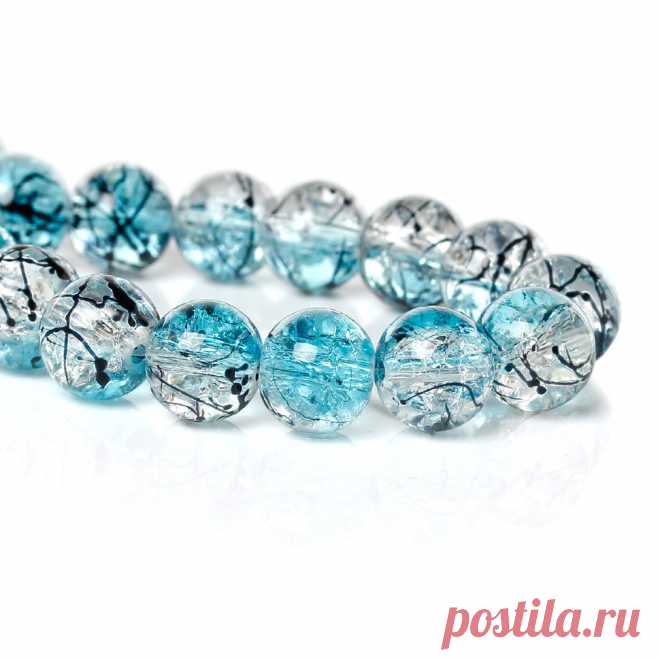 Стеклянные бусины голубые с узором 10 мм. (10 шт.)