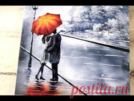 Couple under Umbrella | Black and White Landscape | Easy Abstract Art | Acrylics - YouTube