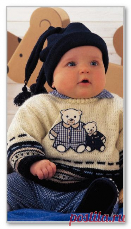 Вязание детям спицами. Фотогалерея моделей для детей от 0 до 3 лет. Пуловер с жаккардовой каймой и аппликацией Медвежата. Размеры 68/74 (80/78 и 92/98)