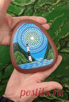 Lighthouse pointillism dot art painted rock landscape | Etsy