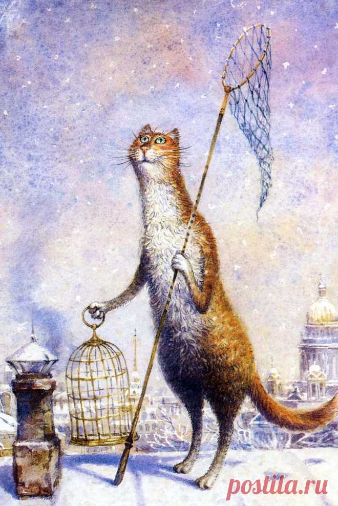 🎨 Волшебные зимние коты на чудесных картинах художника Владимира Румянцева подарят добро и позитив | Коты&Люди | Дзен