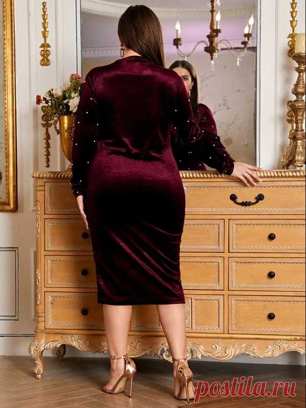 Облегающее бархатное платье размера плюс с жемчугом | SHEIN Россия