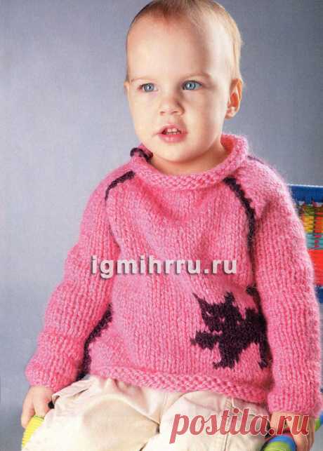 Для малыша 1,5-2 лет. Теплый пуловер с мотивом «кошка». Вязание спицами