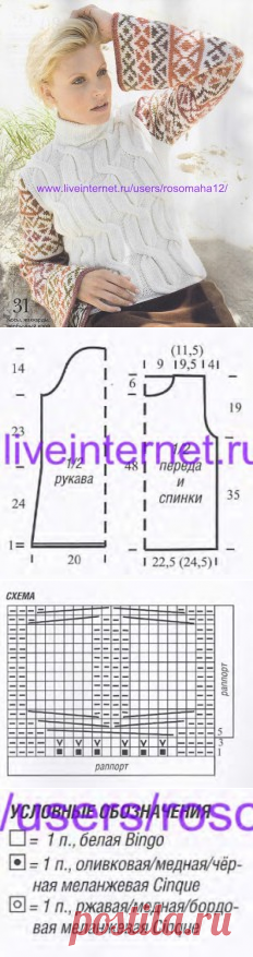 Женский пуловер спицами с широкими жаккардовыми рукавами.