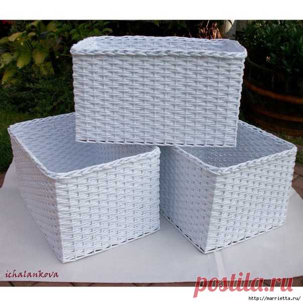 Прямоугольные корзинки. Плетение из газет.