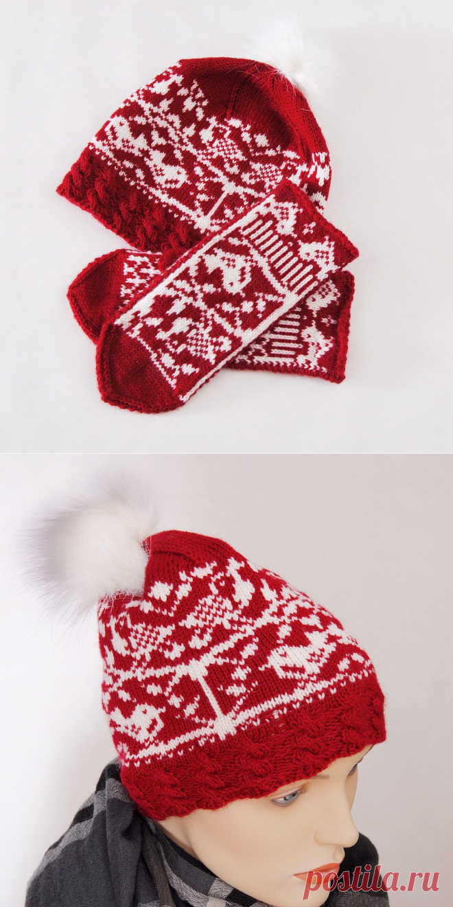 Купить шапку и варежки красного цвета с белым орнаментом Птицы | Mellroot