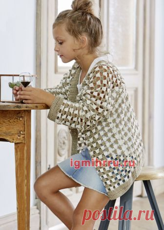 Для девочки 3-13 лет. Летний жакет с фантазийным узором. Вязание крючком для детей