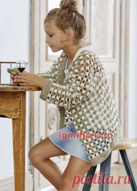 Для девочки 3-13 лет. Летний жакет с фантазийным узором. Вязание крючком для детей