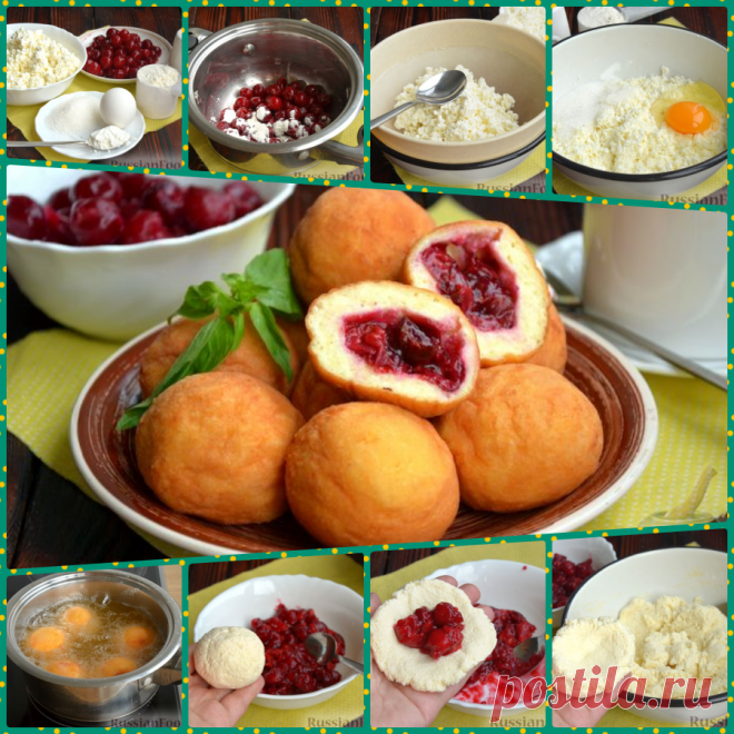 Творожные пончики с вишней