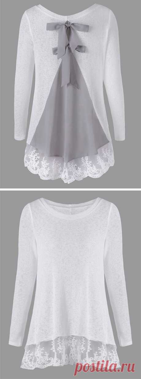 sweater outfits:Back Bowknot Lace Panel Long Sleeve Knit Top