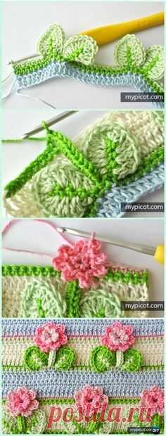 Crochet 3D Flower Stitch with Leaf Free Pattern - Crochet Flower Stitch Free Patterns