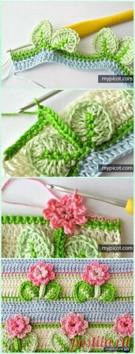 Crochet 3D Flower Stitch with Leaf Free Pattern - Crochet Flower Stitch Free Patterns