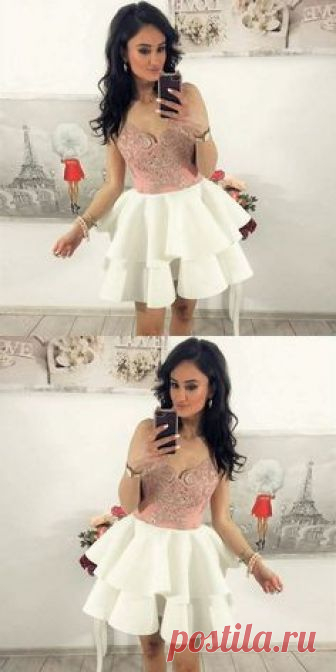 fashion spaghetti straps pink lace short homecoming dresses, chic a line white tiered graduation party gowns #homecoming